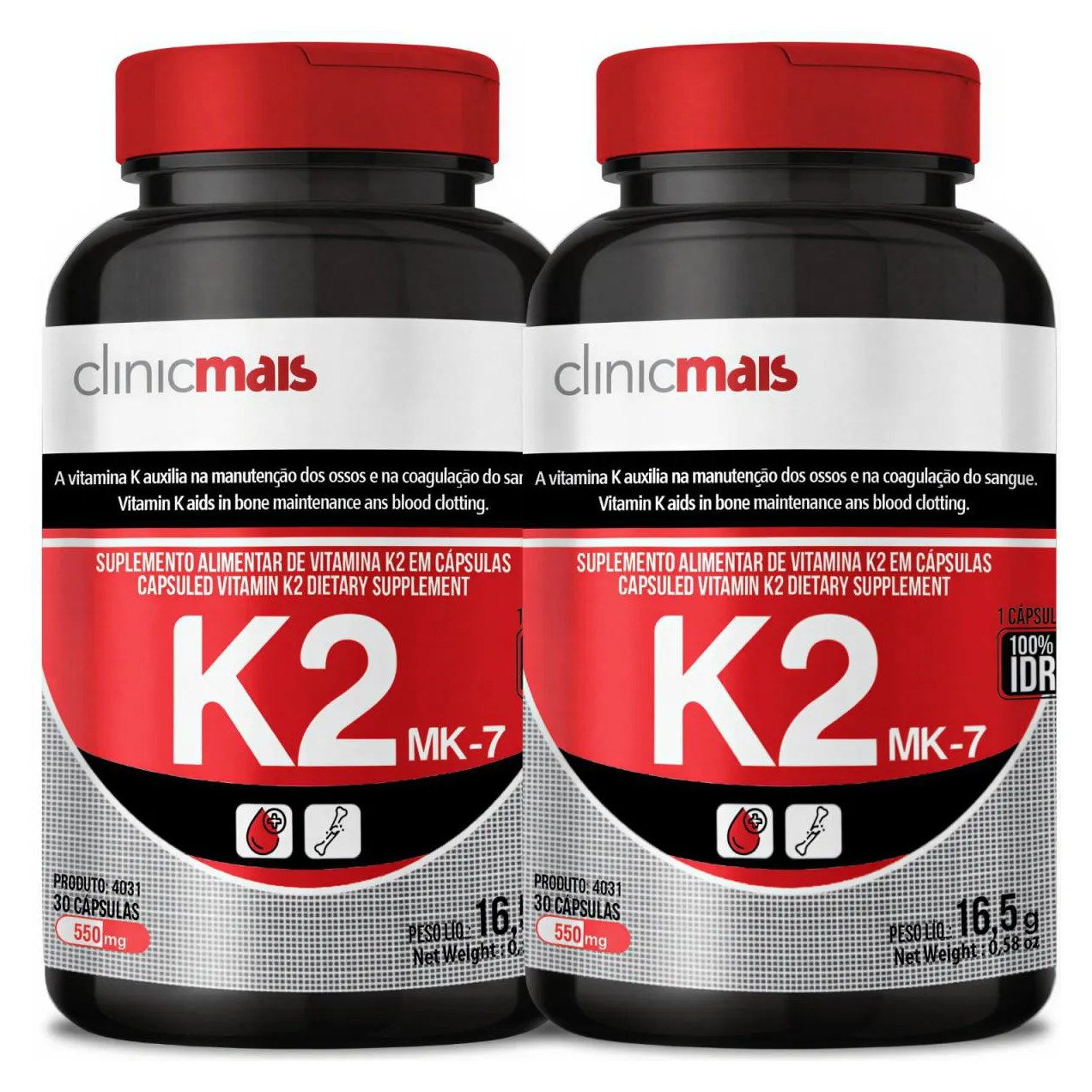 Kit 2 Vitamina K2 Menaquinona-7 Mk-7 65Mcg Total 60 Cápsulas 1 ao Dia - Clinicmais