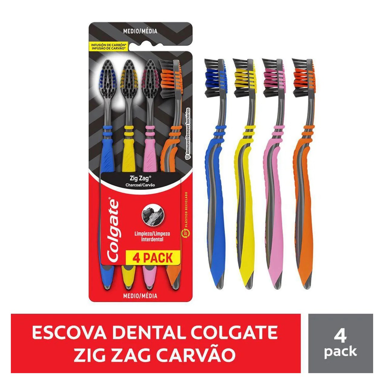 Escova de Dente Colgate ZigZag Carvão 4 unidades
