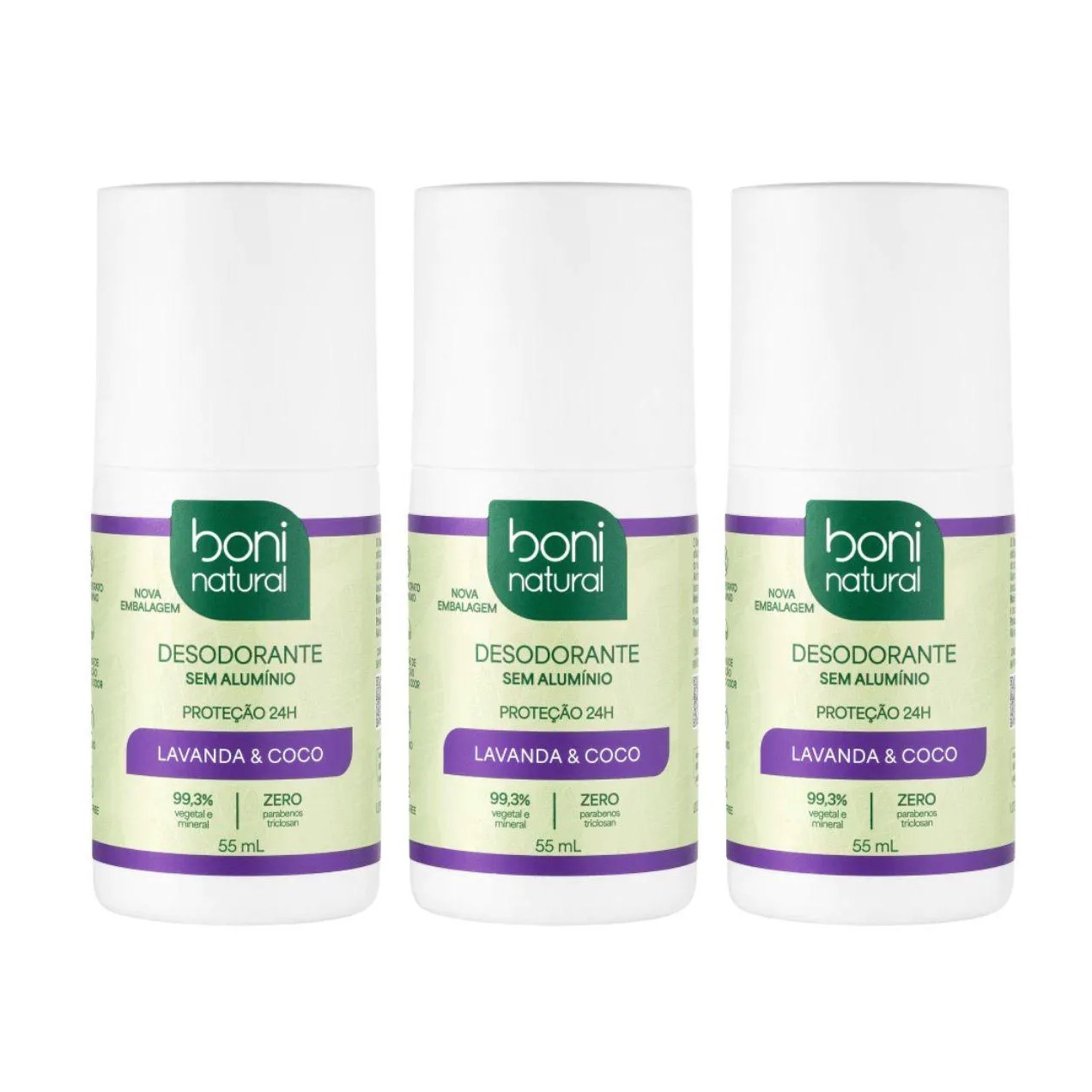 Kit 3 Desodorante Roll-On Boni Natural Coco e Lavanda 55Ml