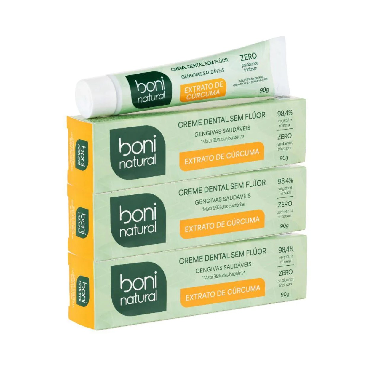 Kit 3 Creme Dental Boni Natural Hortela e Curcuma 90G