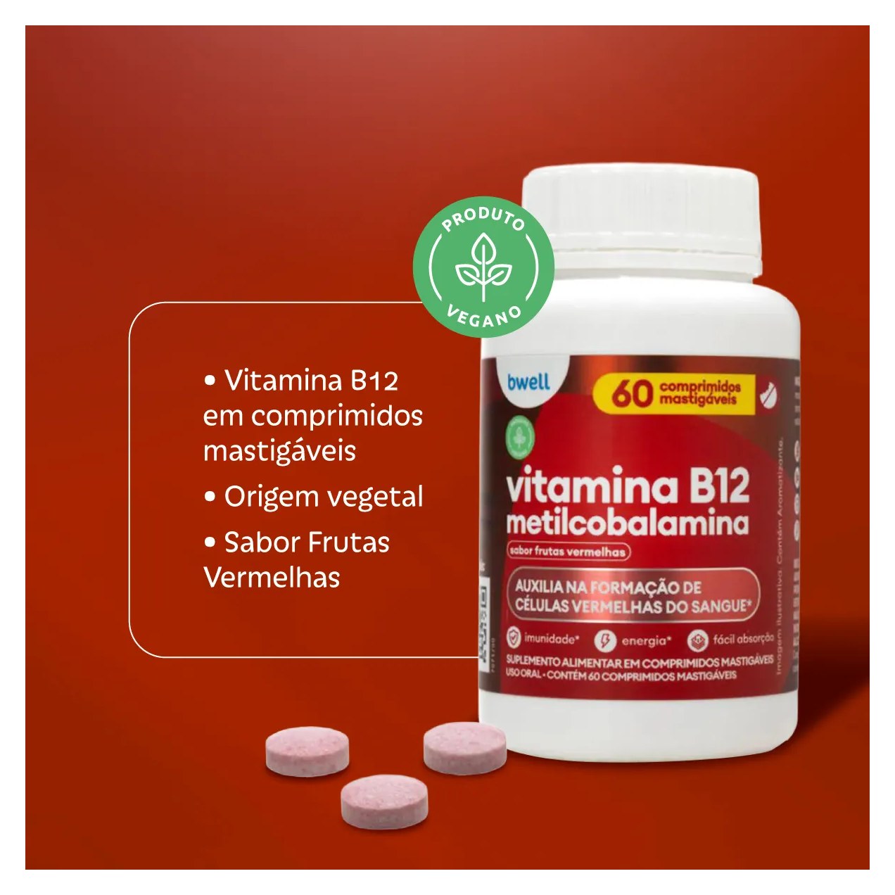 Vitamina B12 Bwell Frutas Vermelhas 60 Comprimidos Mastigáveis