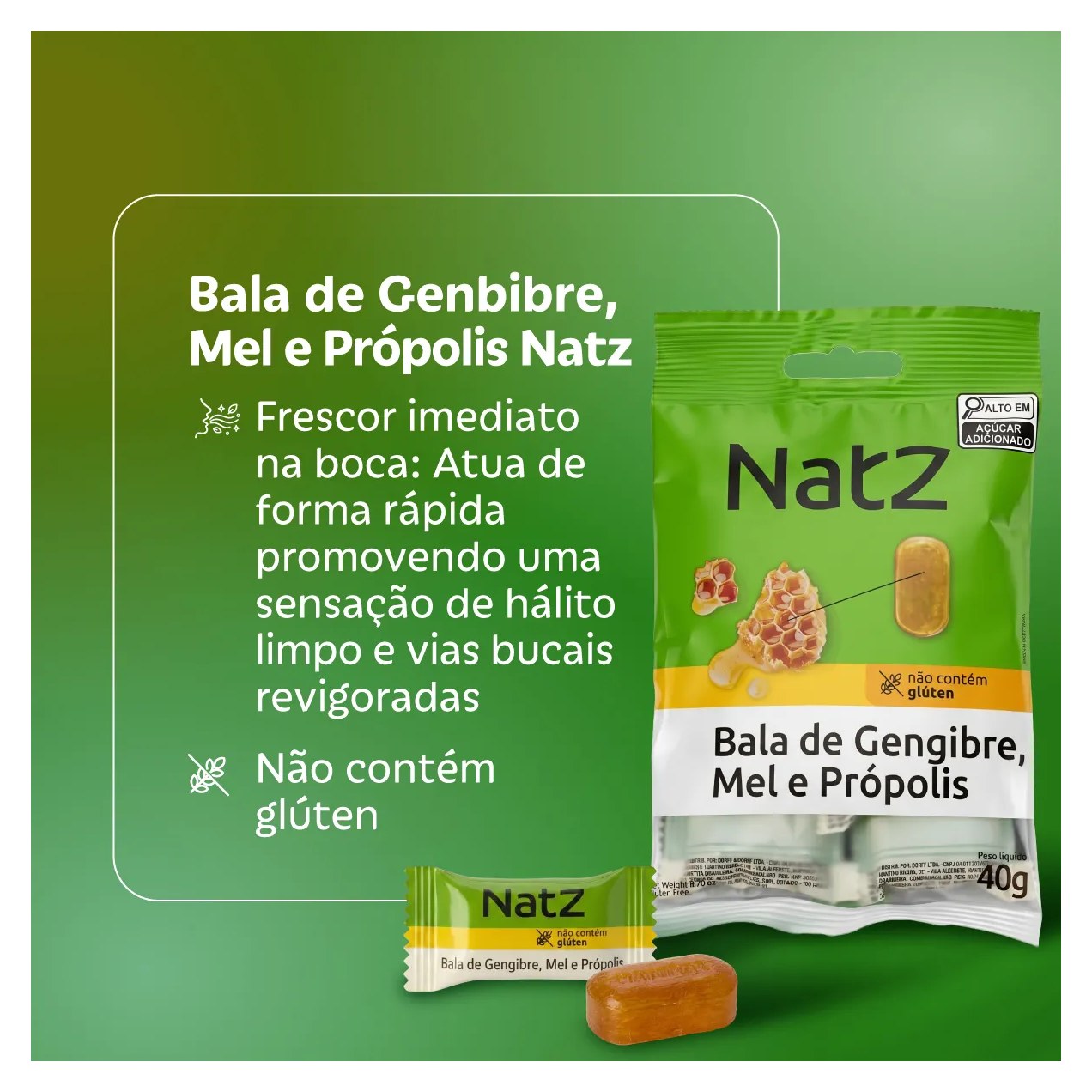 Bala de Gengibre, Mel e Própolis Natz 40g