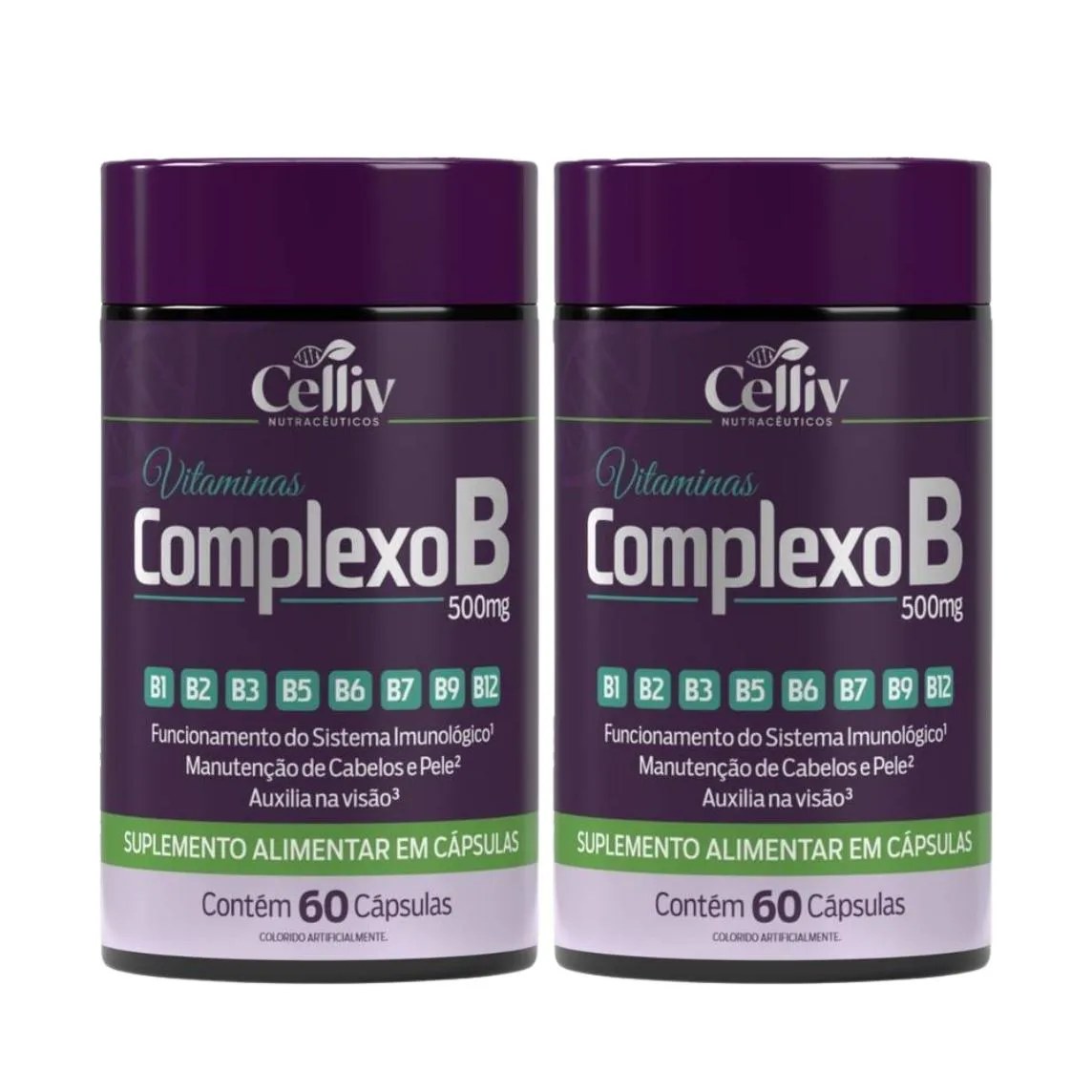 Kit 02 Complexo B (b1, B2, B3, B5, B6, B7, B9, B12) 60 cápsulas de 500mg Celliv