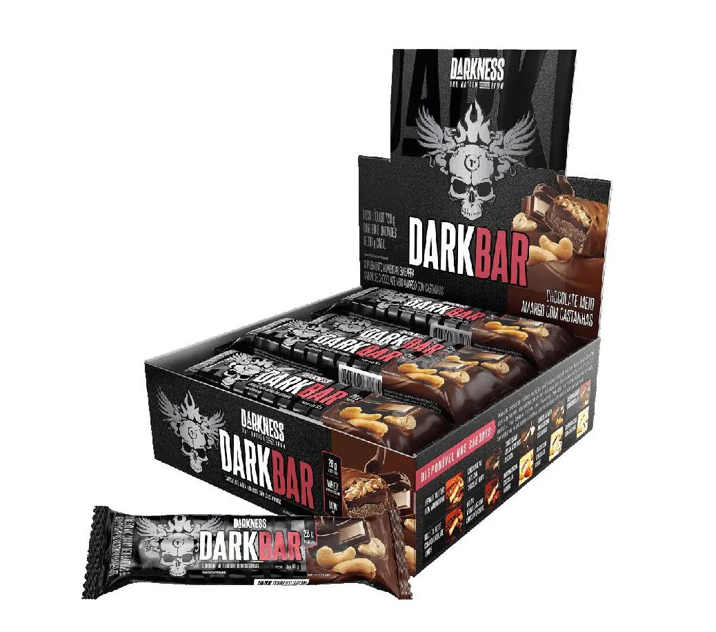 Dark Bar Caixa 8 unidades (720g) – Sabor: Choc. Meio Amargo C/ Castanhas – (nova Embalagem)