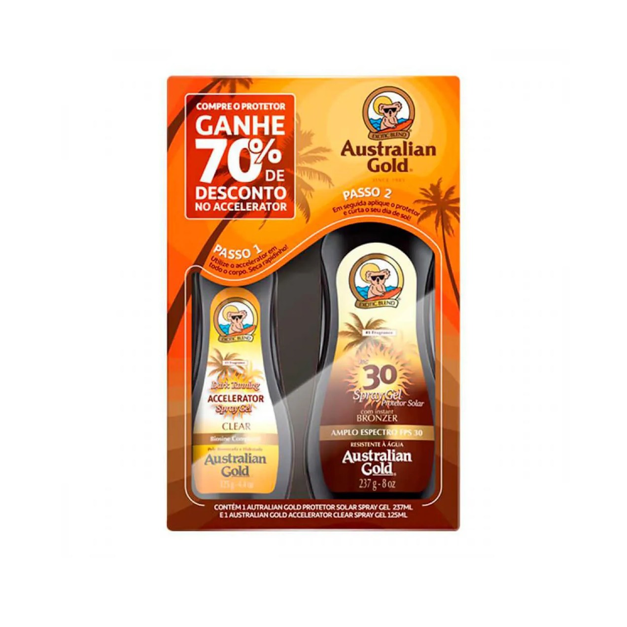 Kit Australian Gold Protetor Solar Corporal FPS 30 com 237ml + Bronzeador Dark Tanning Clear com 125ml