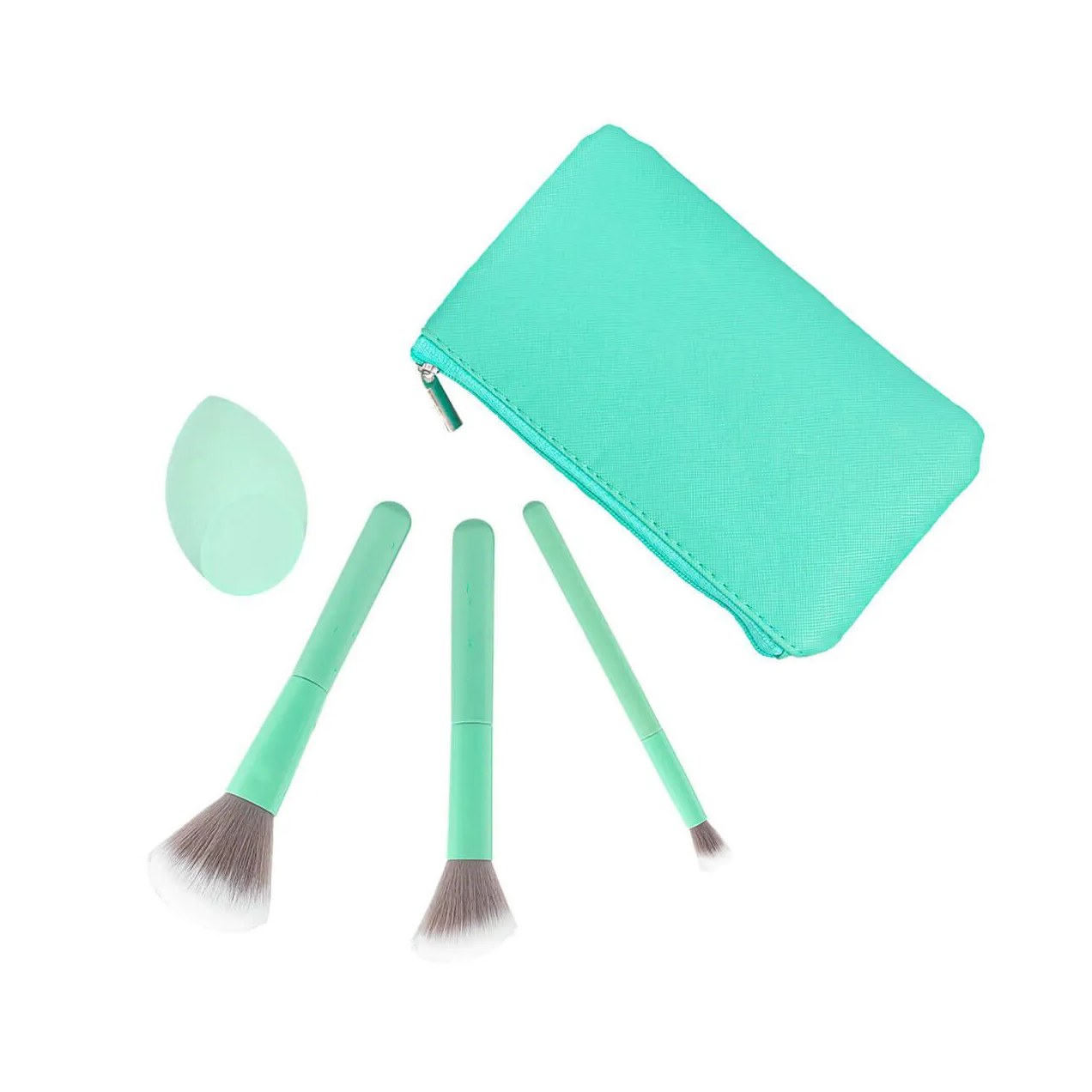 Kit com 3 Pinceis de Maquiagem Lanossi e 1 Esponja + 1 Necessaire Mint Green