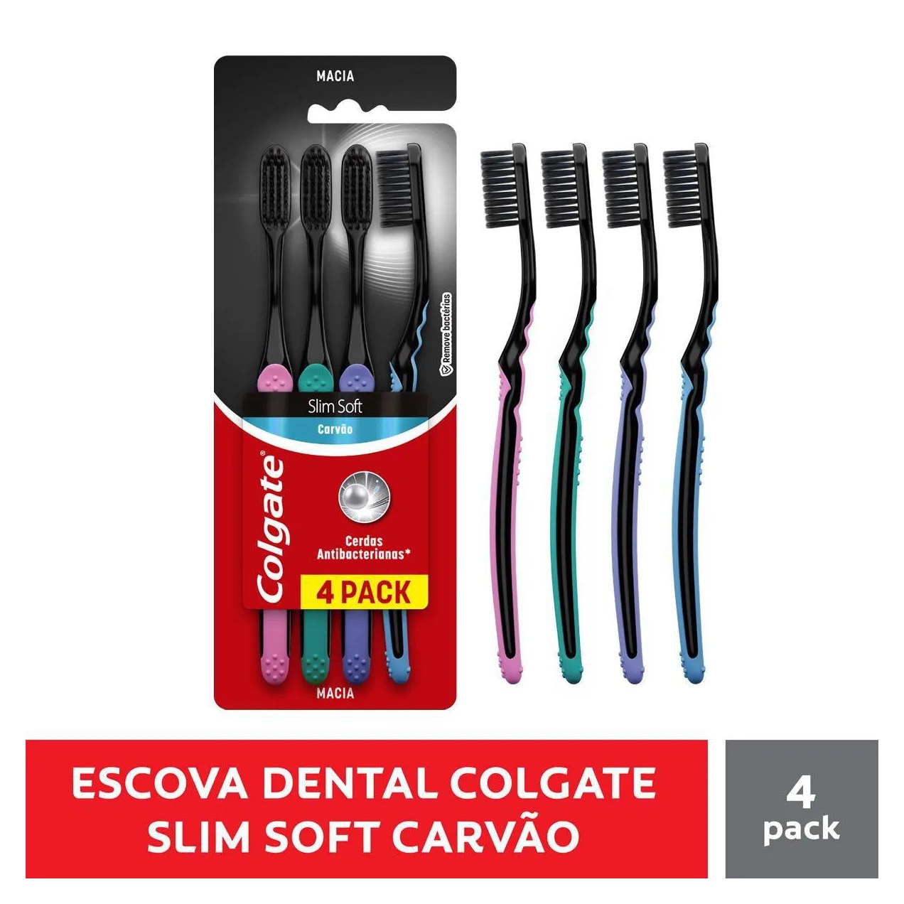 Kit Escova de Dente Colgate Slim Soft Black Carvão 4 unidades