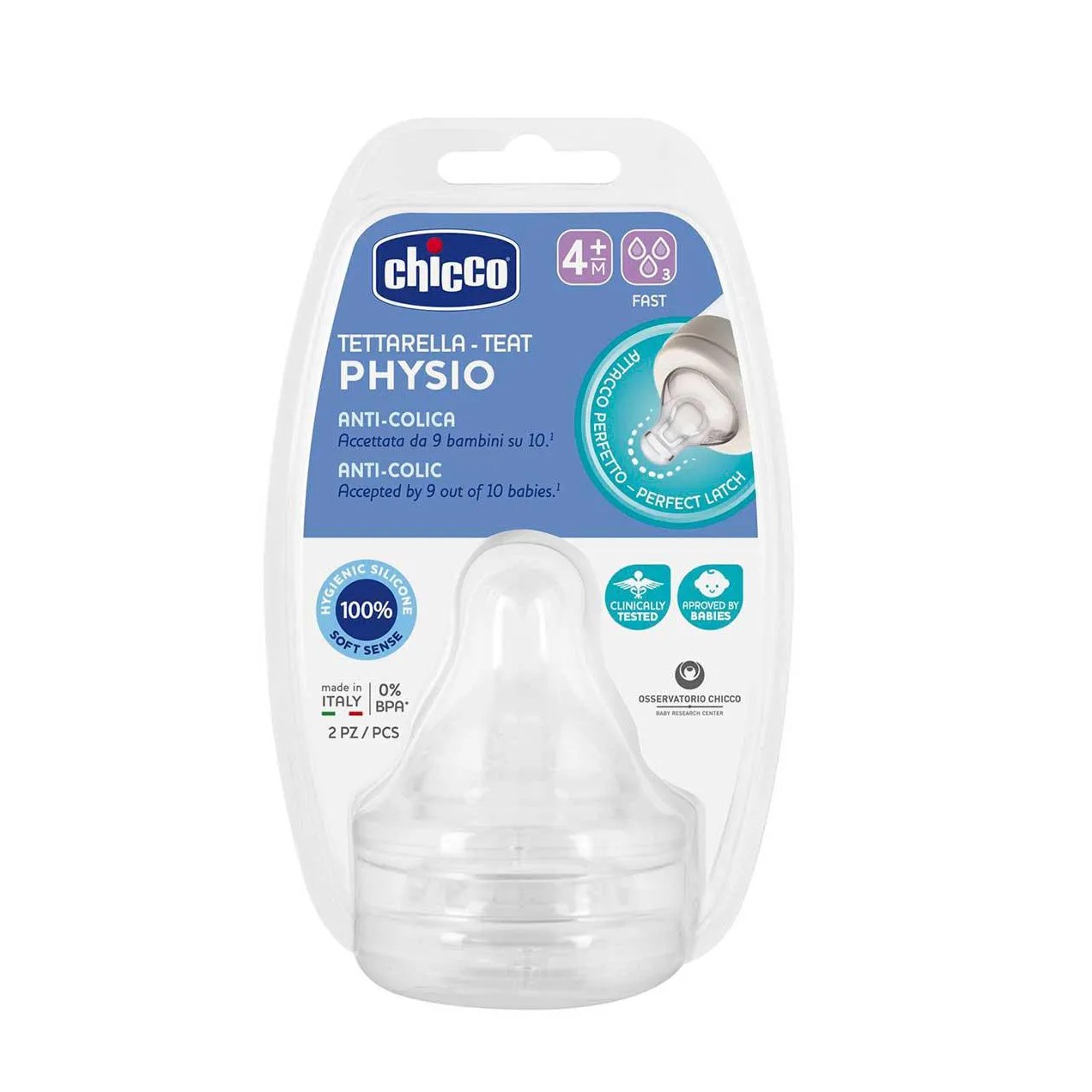 Bico para Mamadeira Chicco Physio Anticólica Fluxo Rápido 4 meses+ com 2 unidades