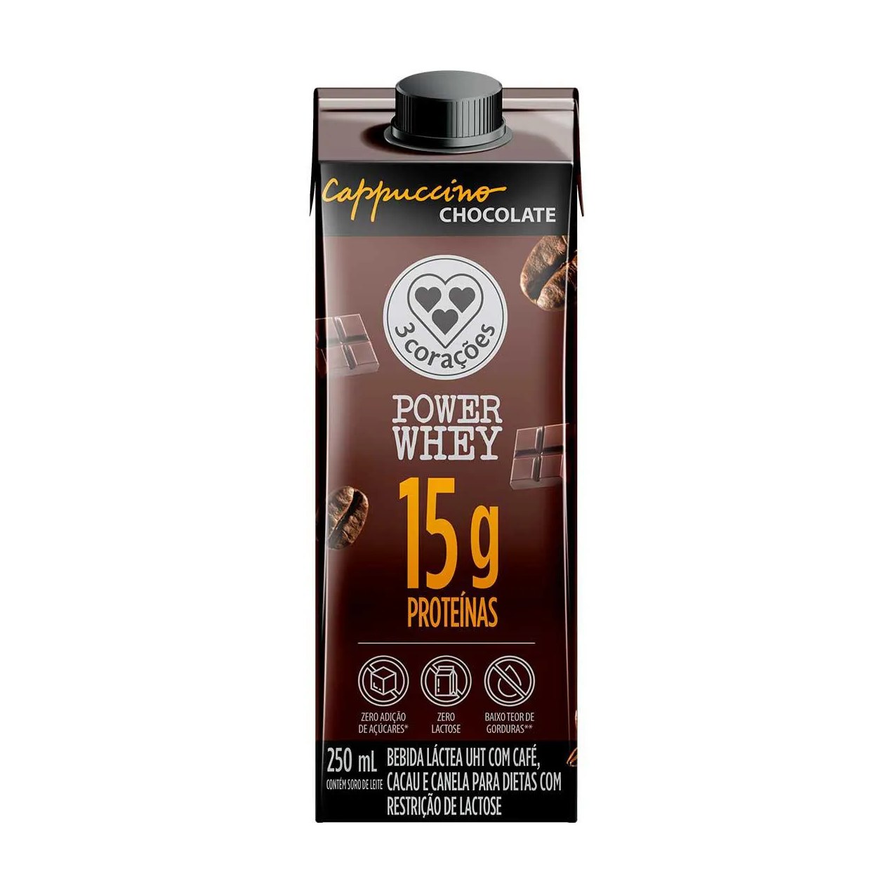 Cappuccino 3 Corações Power Whey Zero Lactose Chocolate 250ml
