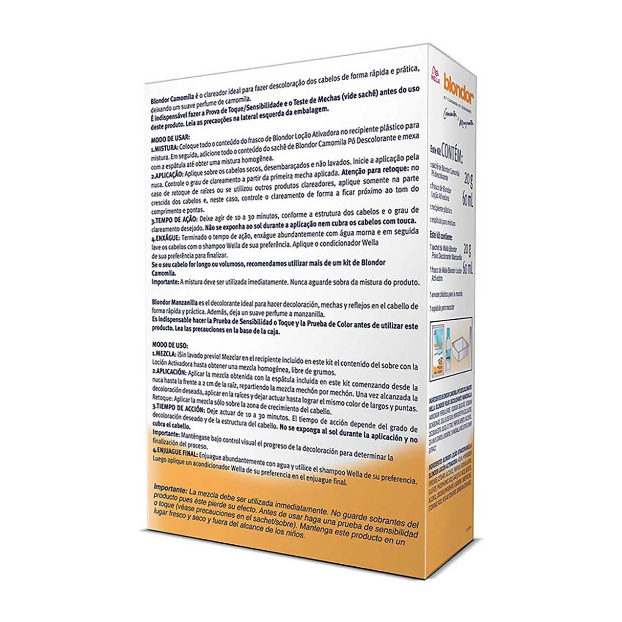 Kit Clareador de Cabelos Blondor Camomila e Manzanilla com 1 sachê de pó descolorante + 1 frasco de loção ativadora + 1 tigela plástica + 1 espátula