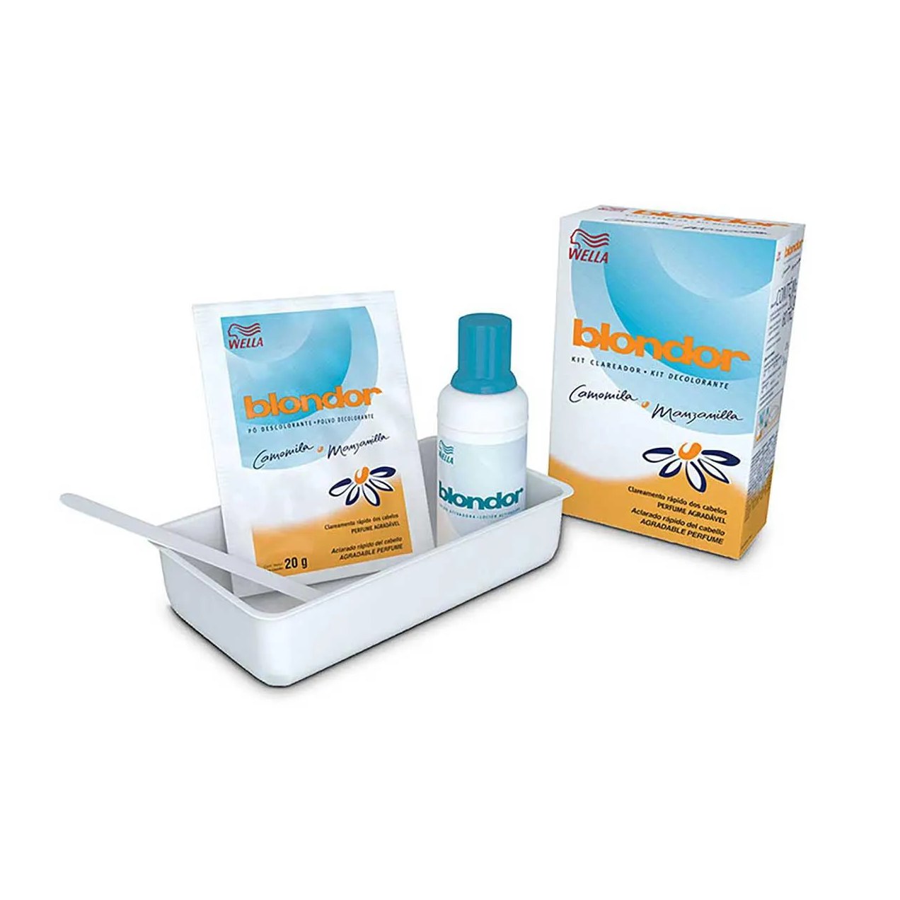 Kit Clareador de Cabelos Blondor Camomila e Manzanilla com 1 sachê de pó descolorante + 1 frasco de loção ativadora + 1 tigela plástica + 1 espátula
