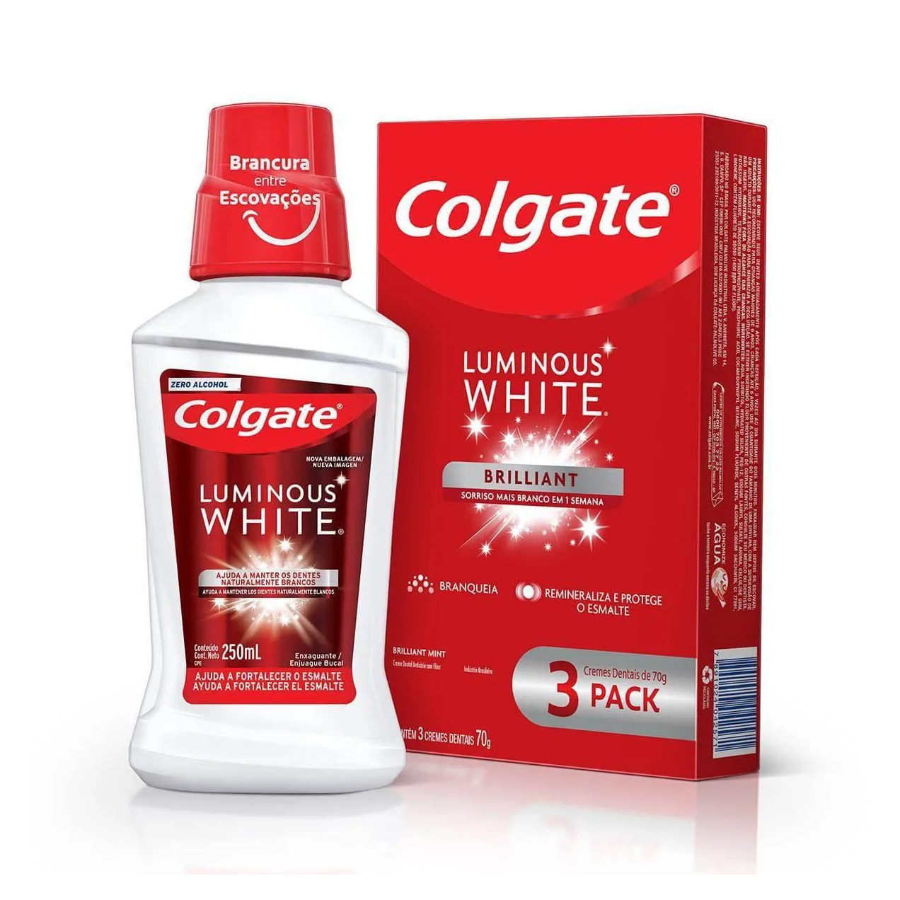 Kit Colgate Luminous White Brilliant Creme Dental 70g 3 unidades + Enxaguante Bucal 250ml