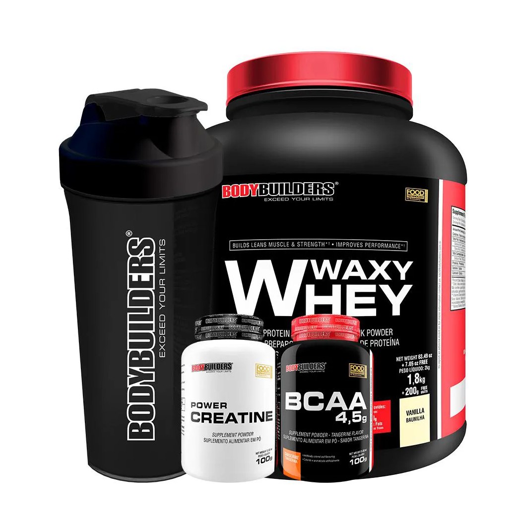 Kit - Waxy Whey 2kg + Bcaa 4,5 100g + Power Creatina 100g + Coqueteleira Sabor: Baunilha – Bodybuilders