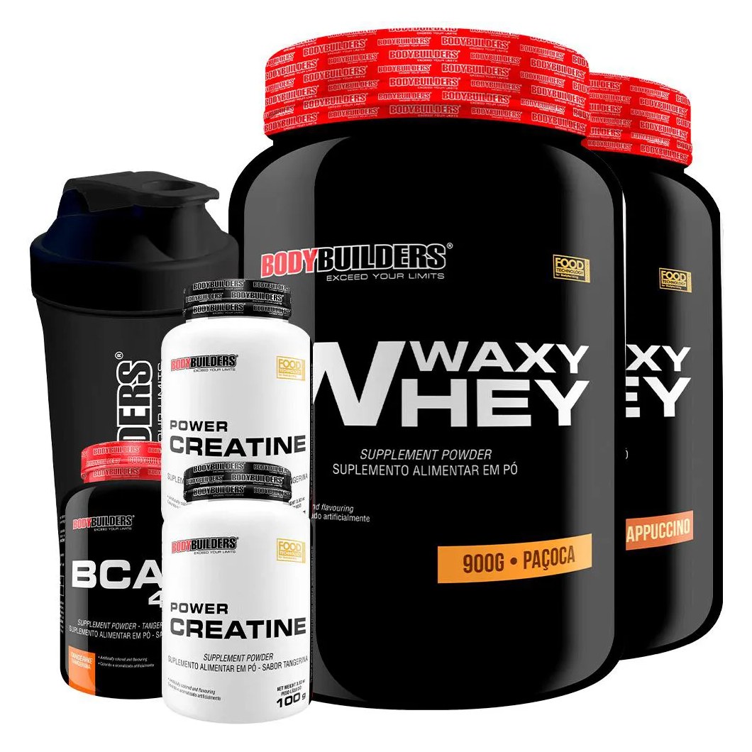Kit 2x Waxy Whey Protein 900g + 2x Power Creatina 100g + Bcaa 4.5 100g + Coqueteleira - Bodybuilders Cappuccino e Paçoca