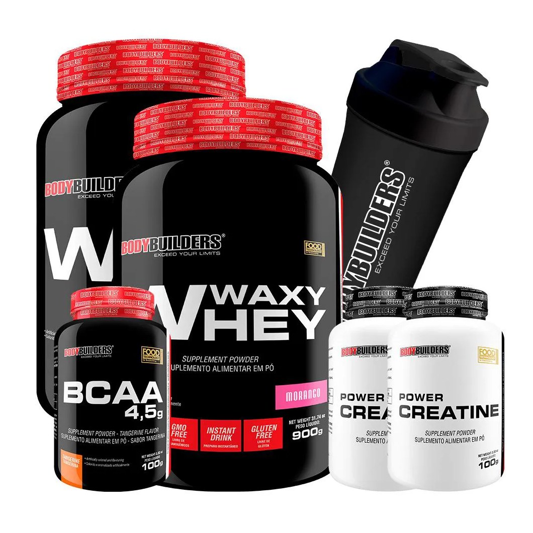 Kit 2x Waxy Whey Protein 900g + 2x Power Creatina 100g + Bcaa 4.5 100g + Coqueteleira - Bodybuilders Morango