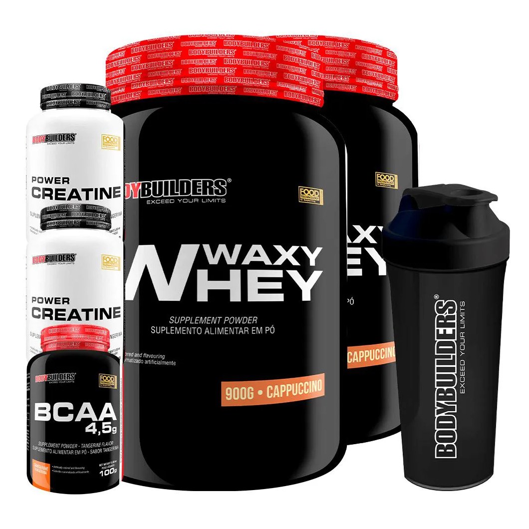 Kit BodyBuilders Whey Protein Waxy Whey Cappuccino 900g 2 unidades + BCAA Tangerina 100g + Creatina Power 100g 2 unidades + Coqueteleira