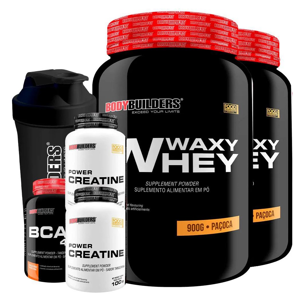 Kit 2x Waxy Whey Protein 900g + 2x Power Creatina 100g + Bcaa 4.5 100g + Coqueteleira - Bodybuilders Paçoca