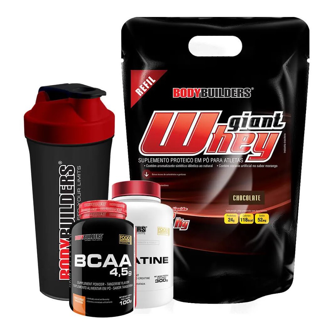 Kit Giant Whey 2kg (refil) + Bcaa 4,5 100g + 100% Creatine 300g + Coqueteleira Sabor: Chocolate– Bodybuilders