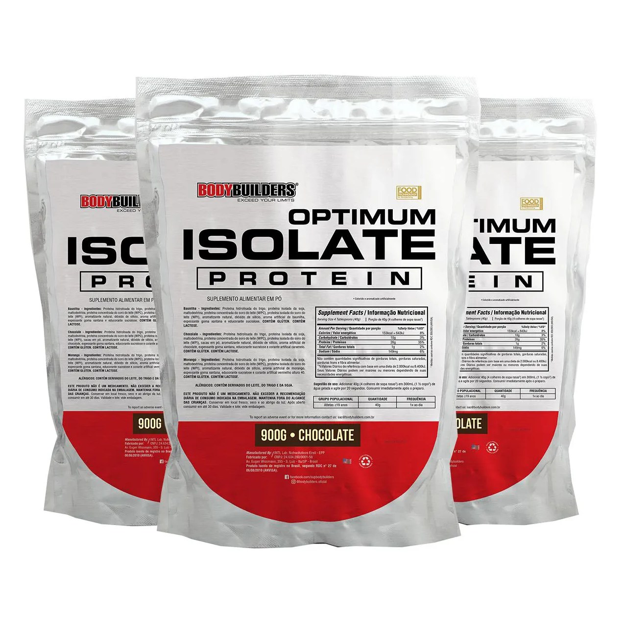 Kit 3x Optimum Isolate Whey Protein 900g - Bodybuilders Sabor Chocolate