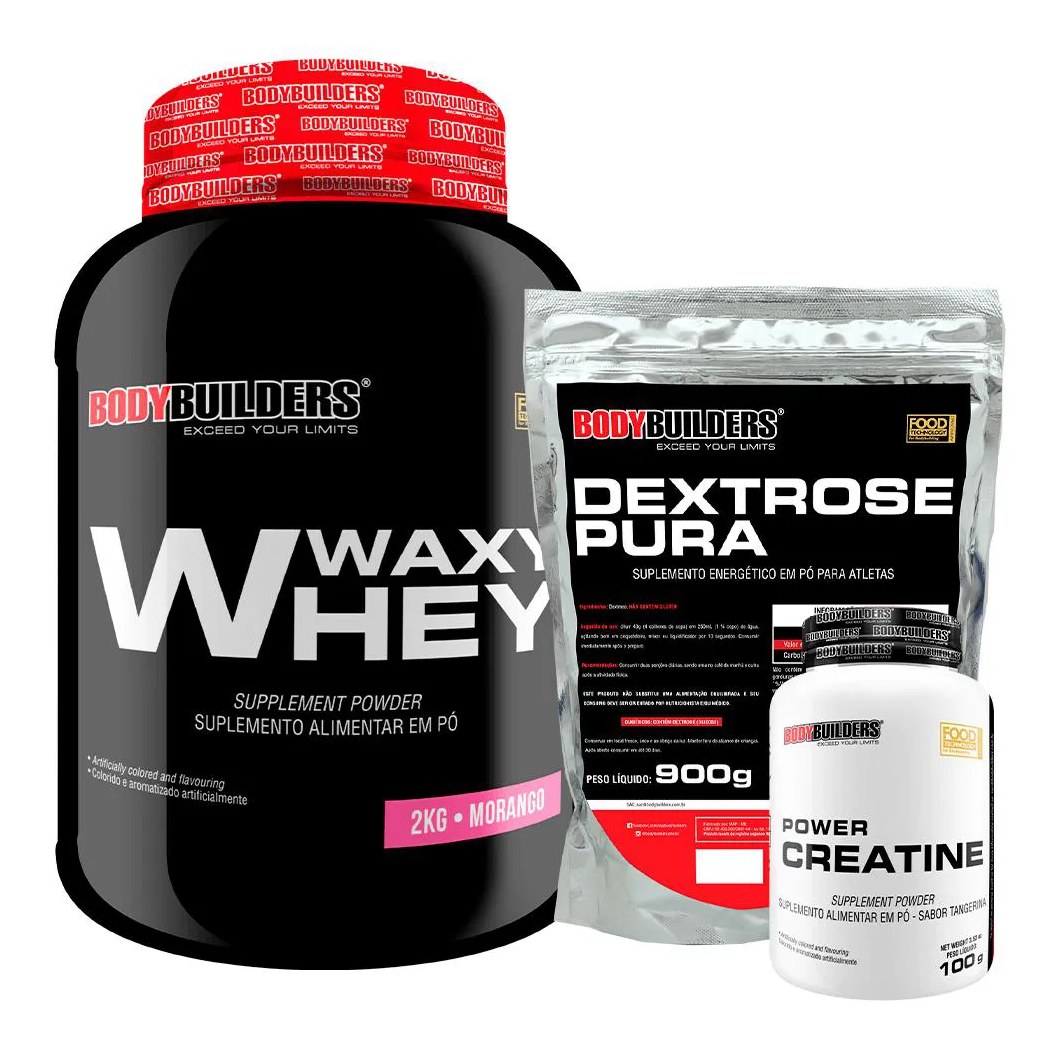 Kit Waxy Whey Protein 2kg + Creatina 100g + Dextrose 900g - Bodybuilders Morango