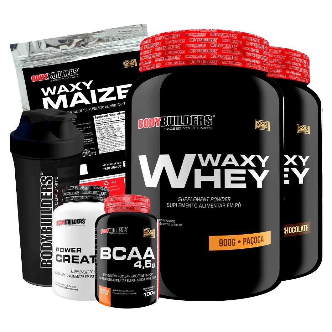 Kit 2x Whey Protein Waxy Whey 900g + Bcaa 4.5 100g + Power Creatina 100g + Waxy Maize 800g + Coque. Chocolate e Paçoca