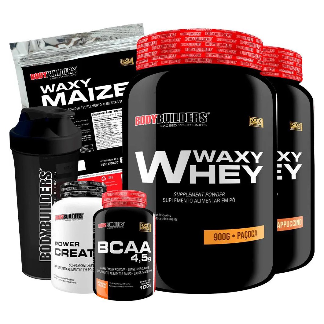 Kit 2x Whey Protein Waxy Whey 900g + Bcaa 4.5 100g + Power Creatina 100g + Waxy Maize 800g + Coque. Cappuccino e Paçoca
