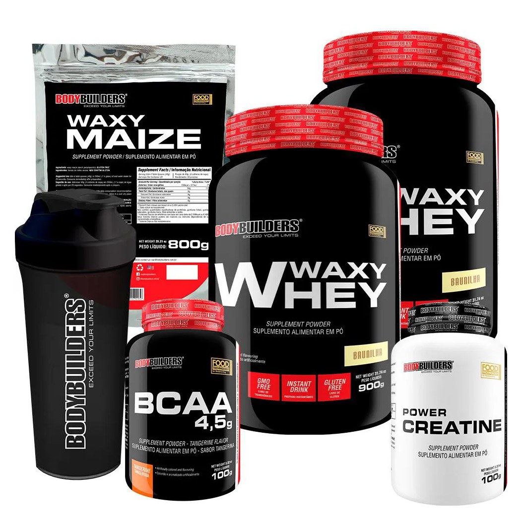 Kit 2x Whey Protein Waxy Whey 900g + Bcaa 4.5 100g + Power Creatina 100g + Waxy Maize 800g + Coque. Morango