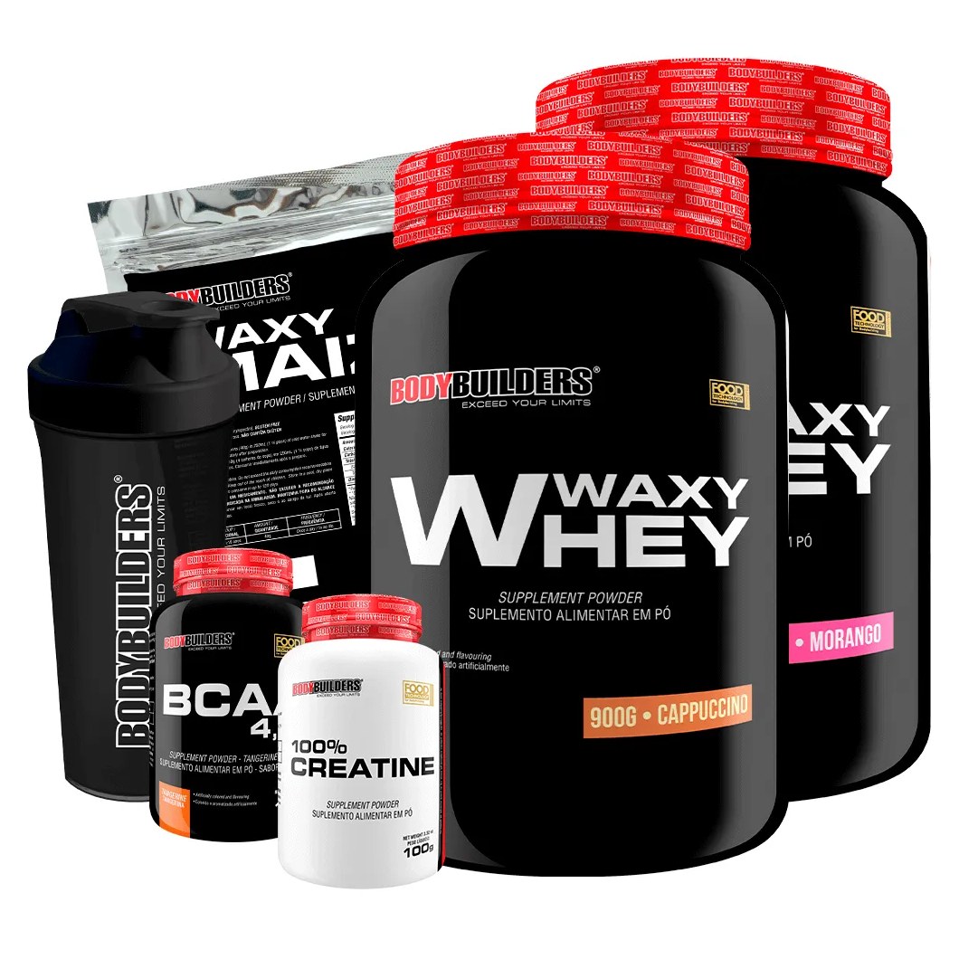 Kit 2x Whey Protein Waxy Whey 900g + Bcaa 4.5 100g + Power Creatina 100g + Waxy Maize 800g + Coque. Morango e Cappuccino