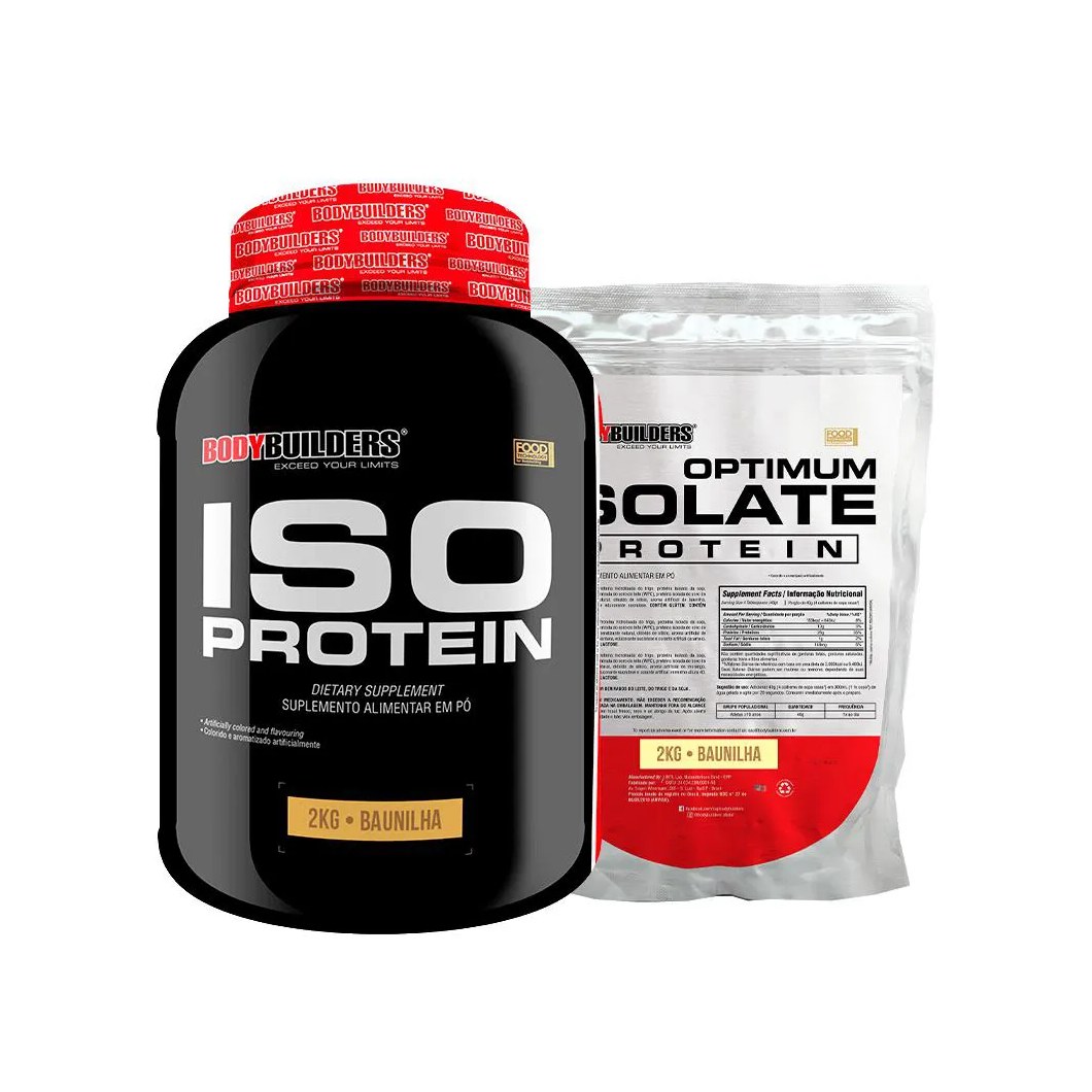 Kit Whey Protein Iso Protein 2 Kg + Optimum Isolate Protein 2 Kg Refil - Bodybuilders Baunilha
