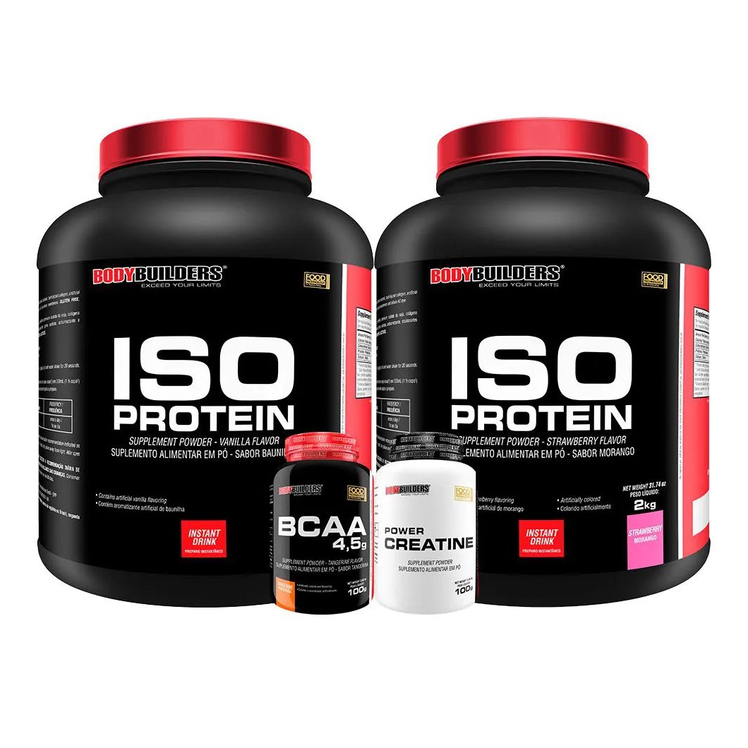 Kit 2x Iso Protein 2kg + Creatina 100g + Bcaa100g - Bodybuilders Sabor Morango
