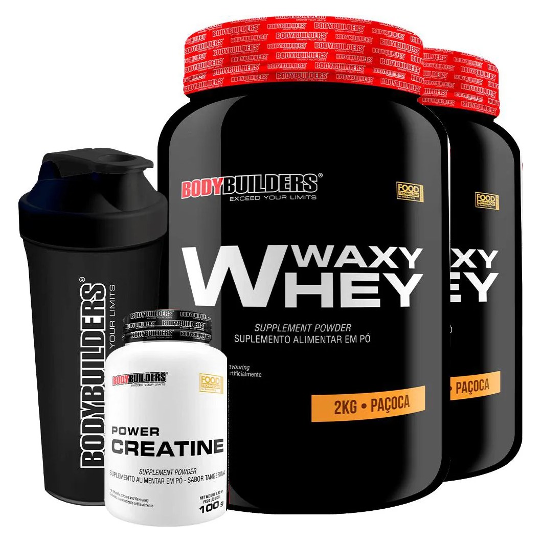 Kit 2x Waxy Whey 2kg + Power Creatina 100g + Coqueteleira - Bodybuilders Paçoca