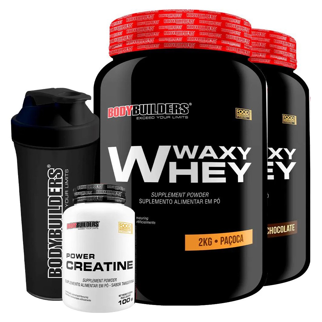 Kit 2x Waxy Whey 2kg + Power Creatina 100g + Coqueteleira - Bodybuilders Chocolate e Paçoca