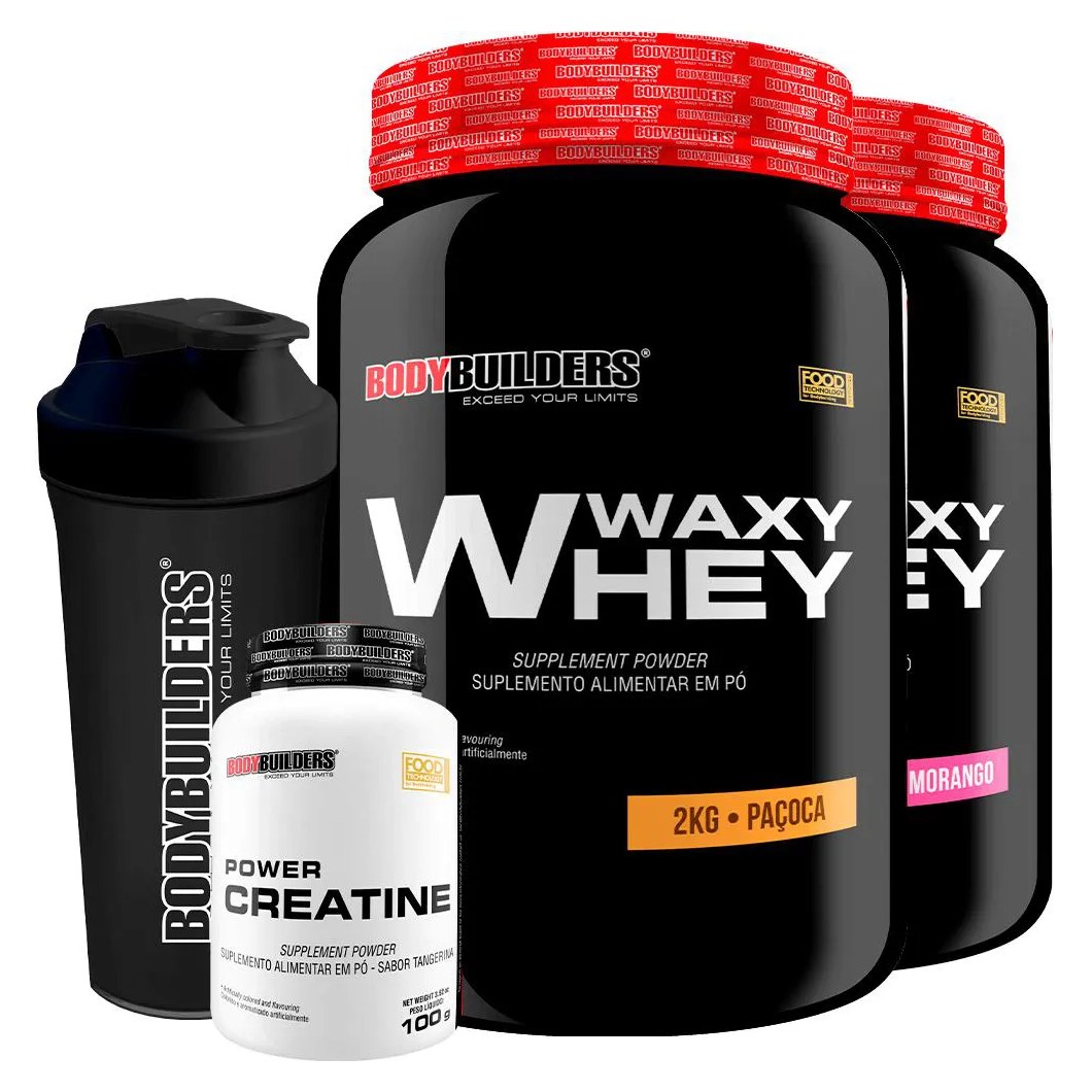 Kit 2x Waxy Whey 2kg + Power Creatina 100g + Coqueteleira - Bodybuilders Morango e Paçoca
