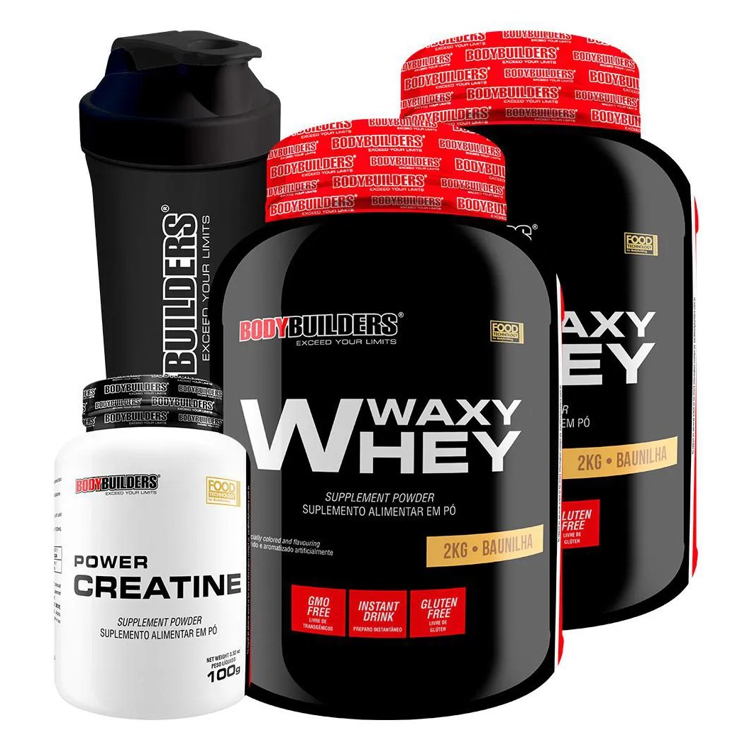 Kit 2x Waxy Whey 2kg + Power Creatina 100g + Coqueteleira - Bodybuilders Morango e Baunilha