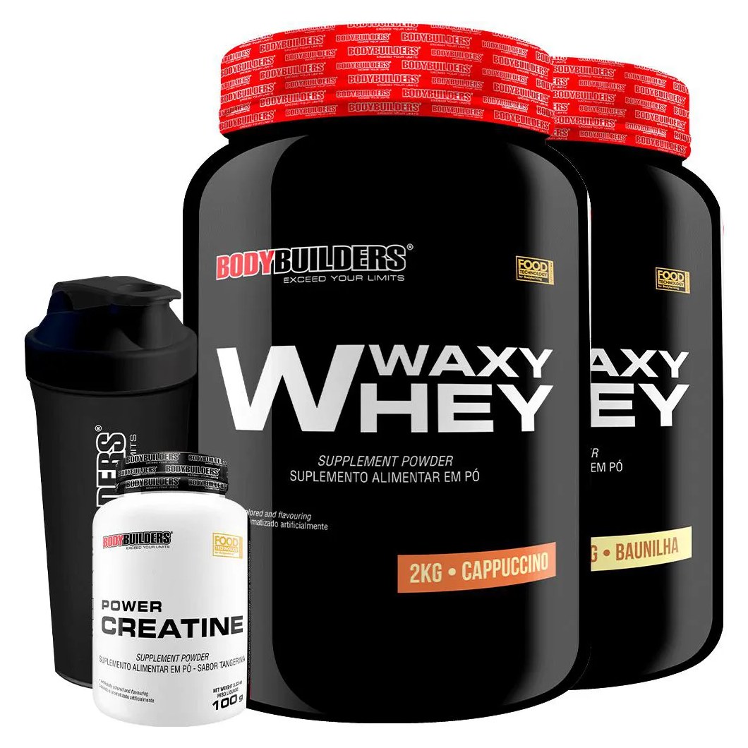 Kit 2x Waxy Whey 2kg + Power Creatina 100g + Coqueteleira - Bodybuilders Cappuccino e Baunilha