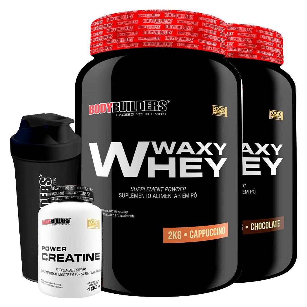 Kit 2x Waxy Whey 2kg + Power Creatina 100g + Coqueteleira - Bodybuilders Cappuccino e Chocolate