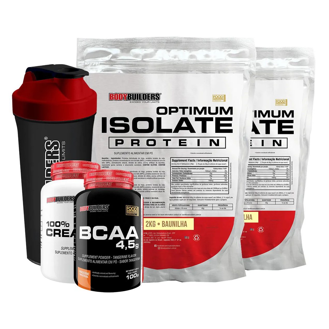 Kit 2x Optimum Isolate Whey Protein 2kg + Creatina 1000g + Bcaa 100g + Coqueteleira Sabor Baunilha - Bodybuilders