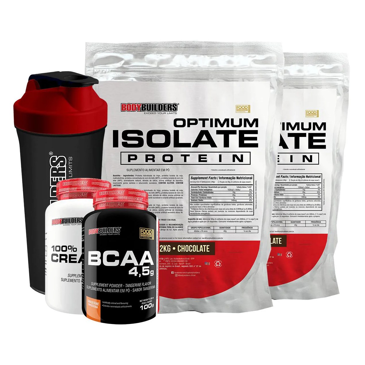 Kit 2x Optimum Isolate Whey Protein 2kg + Creatina 1000g + Bcaa 100g + Coqueteleira Sabor Chocolate - Bodybuilders