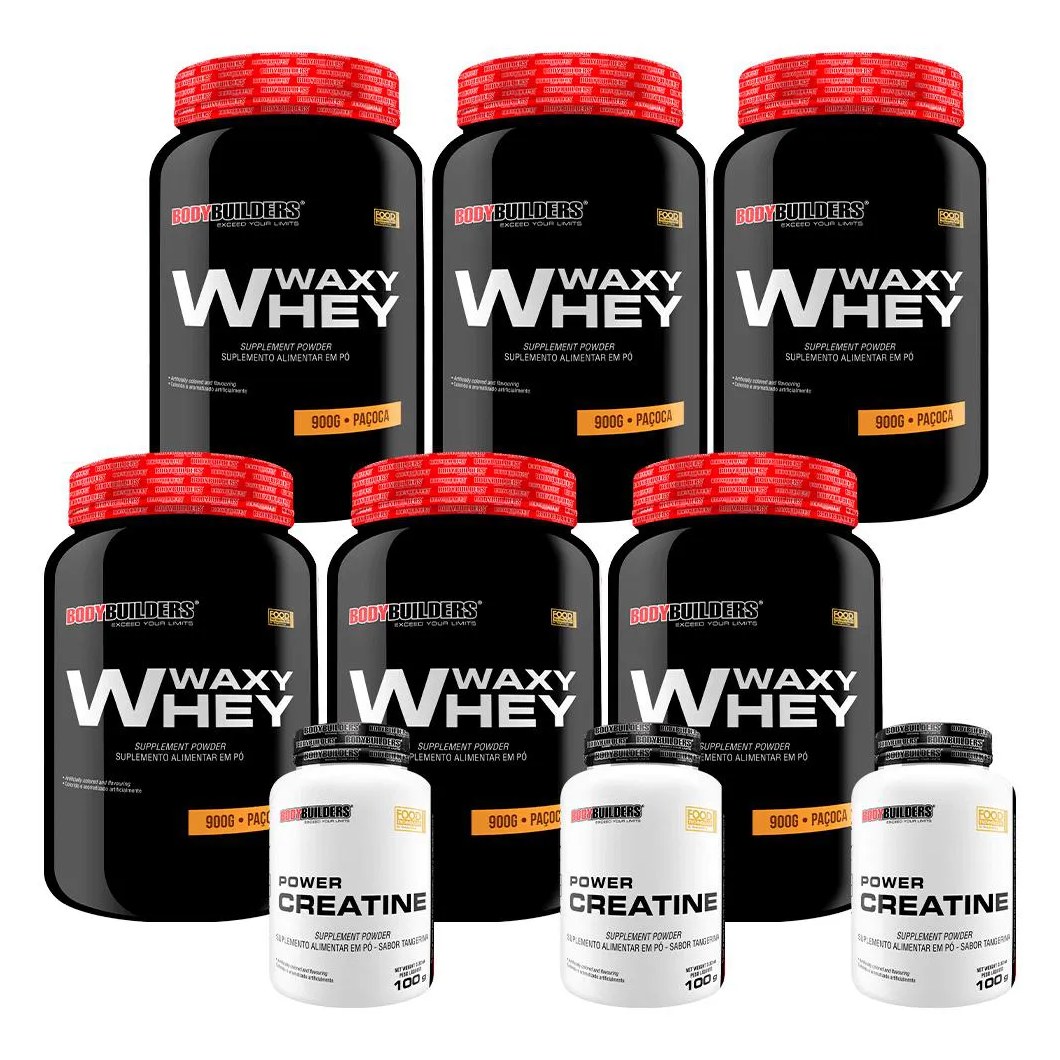 Kit 6x Waxy Whey 900g + 3x Power Creatina 100g - Bodybuilders Paçoca