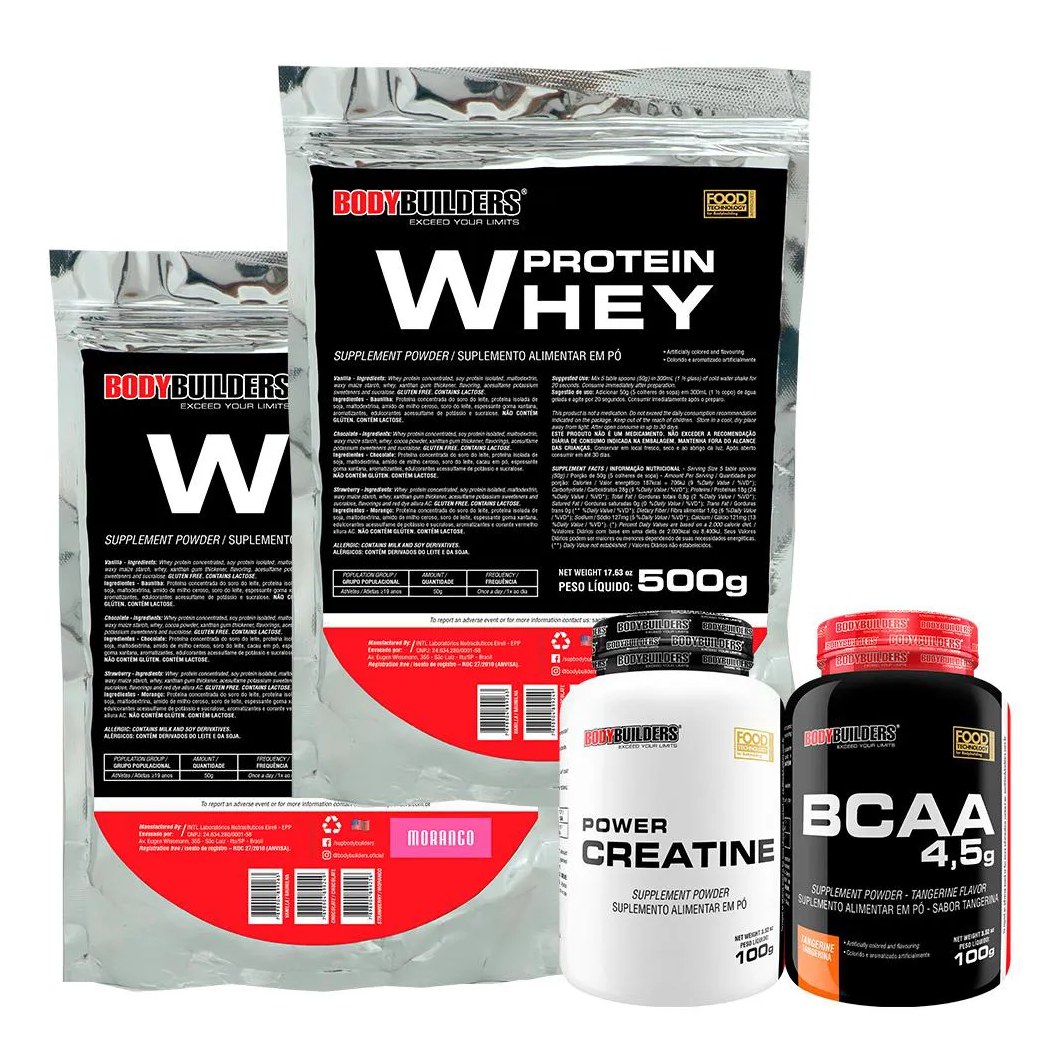 Kit 2x Whey Protein 500g + Bcaa 100g Tangerina + Power Creatina 100g - Bodybuilders Sabor Morango