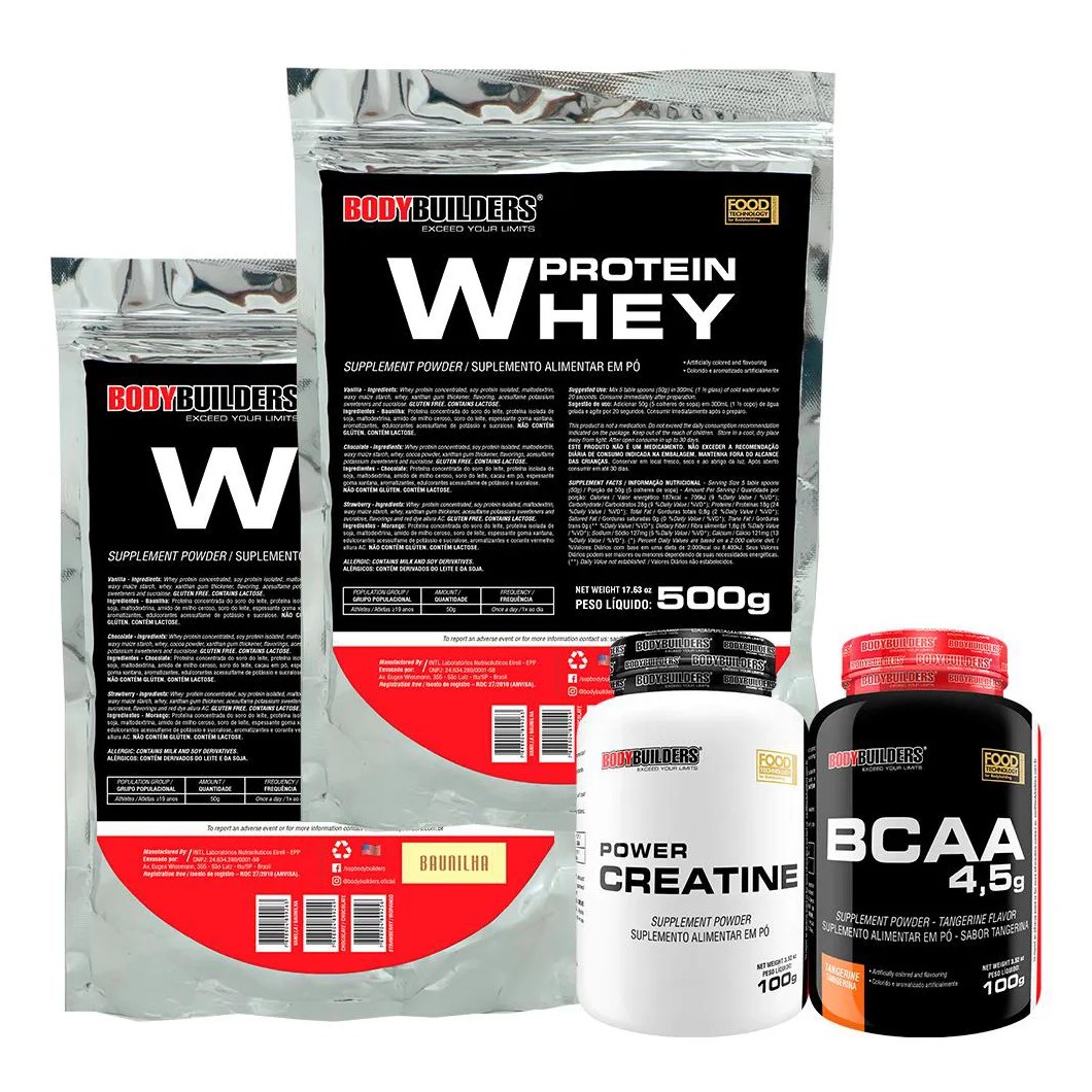 Kit 2x Whey Protein 500g + Bcaa 100g Tangerina + Power Creatina 100g - Bodybuilders Sabor Baunilha