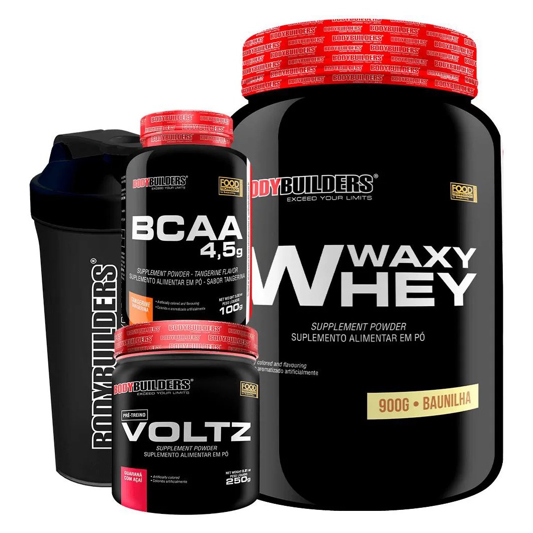Kit Waxy Whey (35%) 900g + Bcaa 100g + Pré Treino + Coqueteleira - Bodybuilders Baunilha