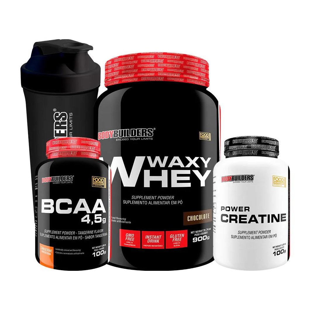 Kit Waxy Whey 900g + Power Creatina 100g + Bcaa 100g + Coqueteleira - Bodybuilders Chocolate