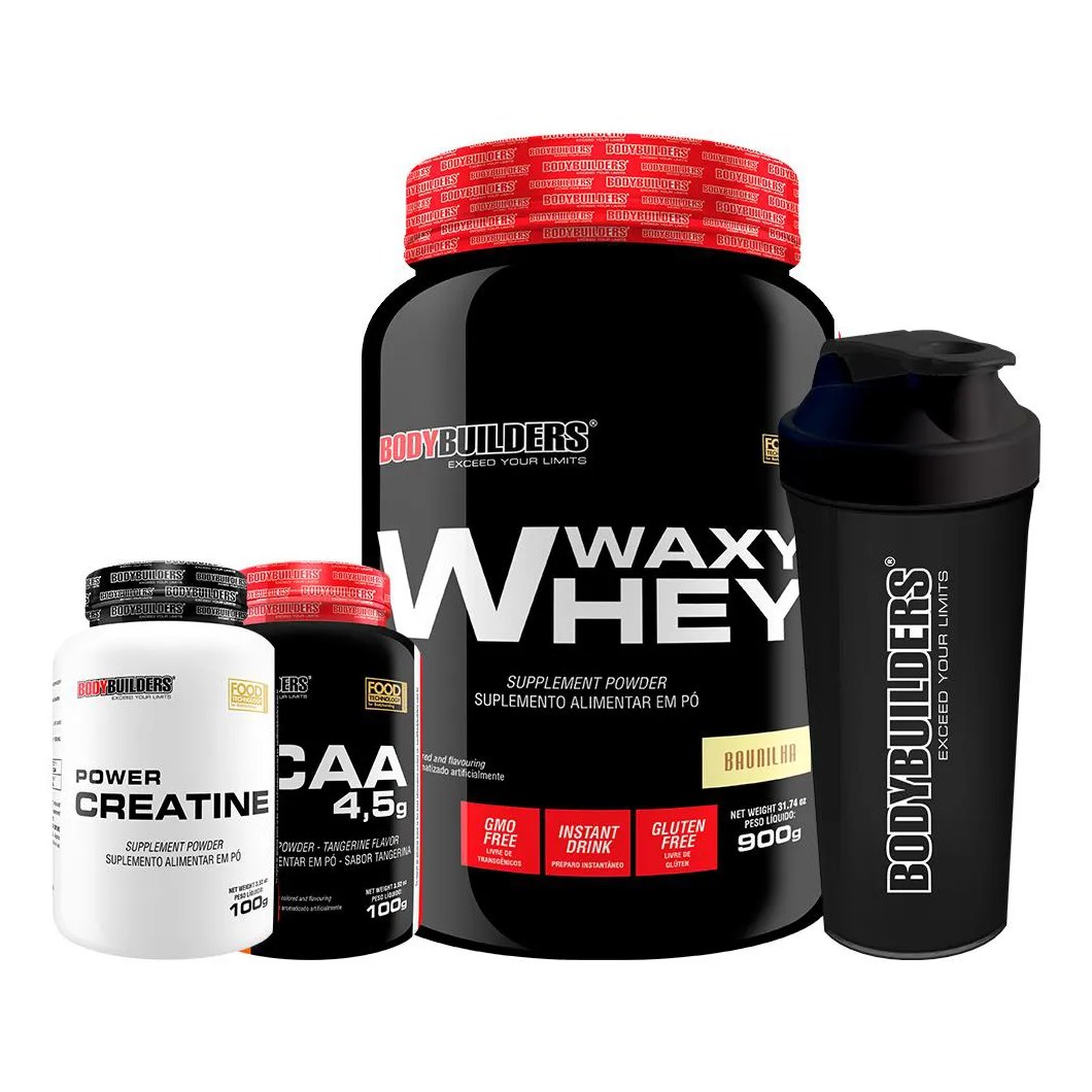Kit Waxy Whey 900g + Bcaa 100g + Power Creatina 100g + Coqueteleira - Bodybuilders