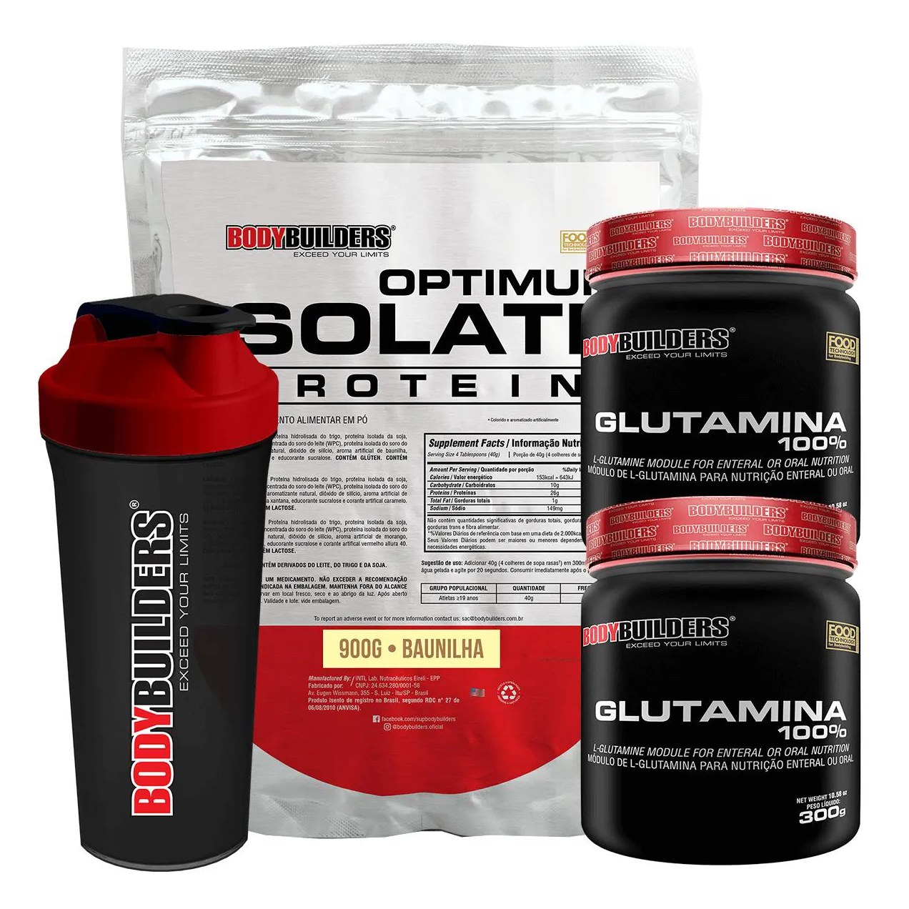 Kit Optimum Isolate Whey Protein 900g + 2x Glutamina 300g + Coqueteleira Sabor Baunilha - Bodybuilders