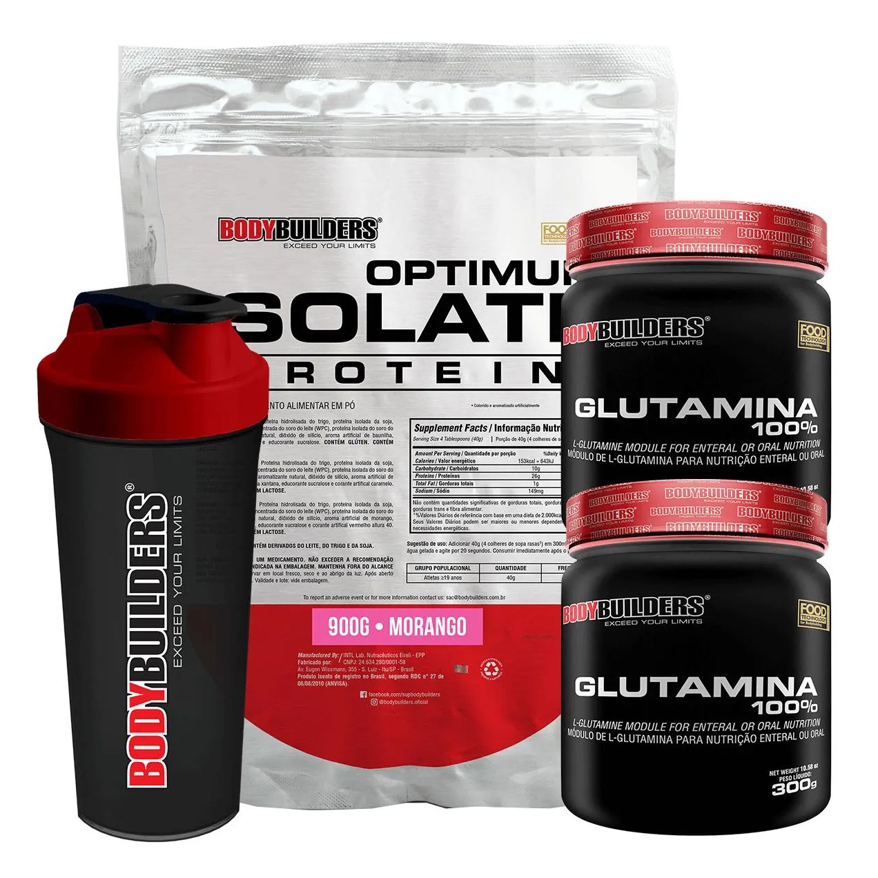 Kit Optimum Isolate Whey Protein 900g + 2x Glutamina 300g + Coqueteleira Morango - Bodybuilders