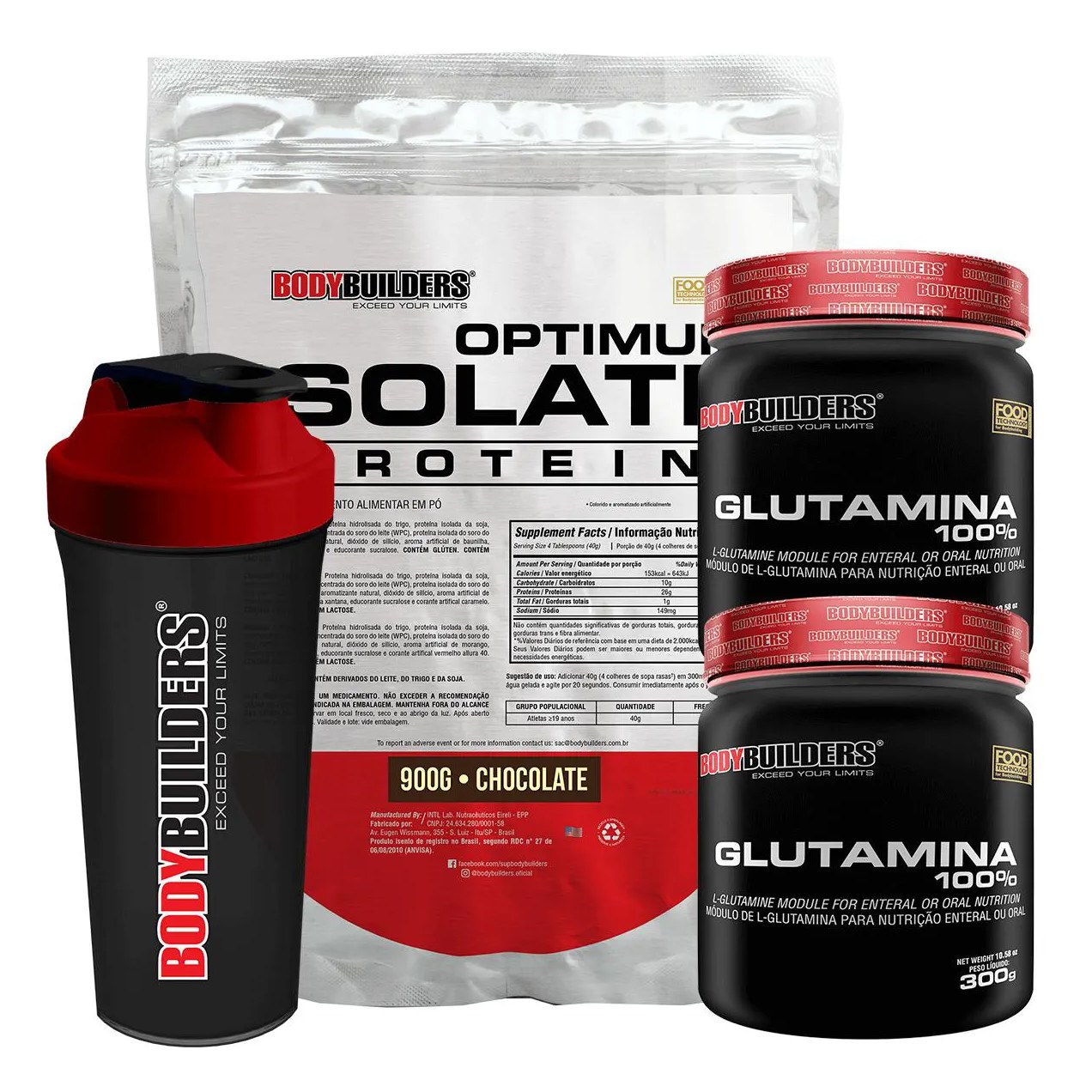 Kit Optimum Isolate Whey Protein 900g + 2x Glutamina 300g + Coqueteleira Sabor Chocolate - Bodybuilders