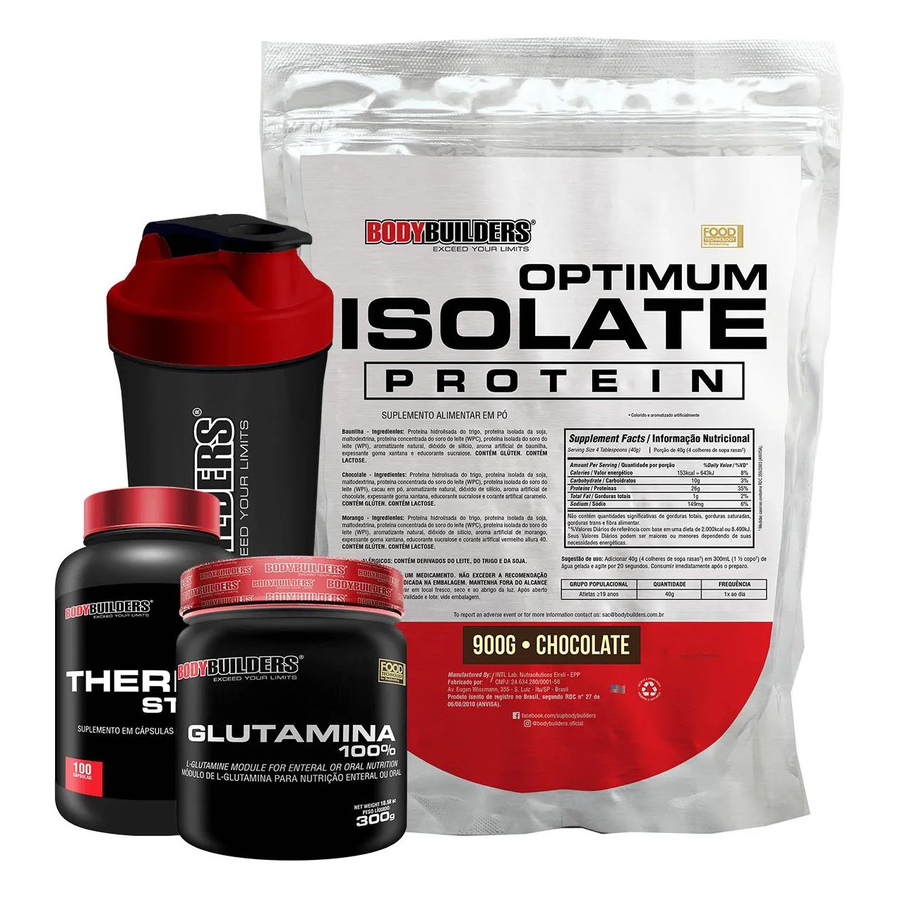 Kit Optimum Isolate Whey Protein 900g + Thermo Start 100 cápsulas + Glutamina 300g + Coqueteleira Sabor Chocolate - Bodybuilders