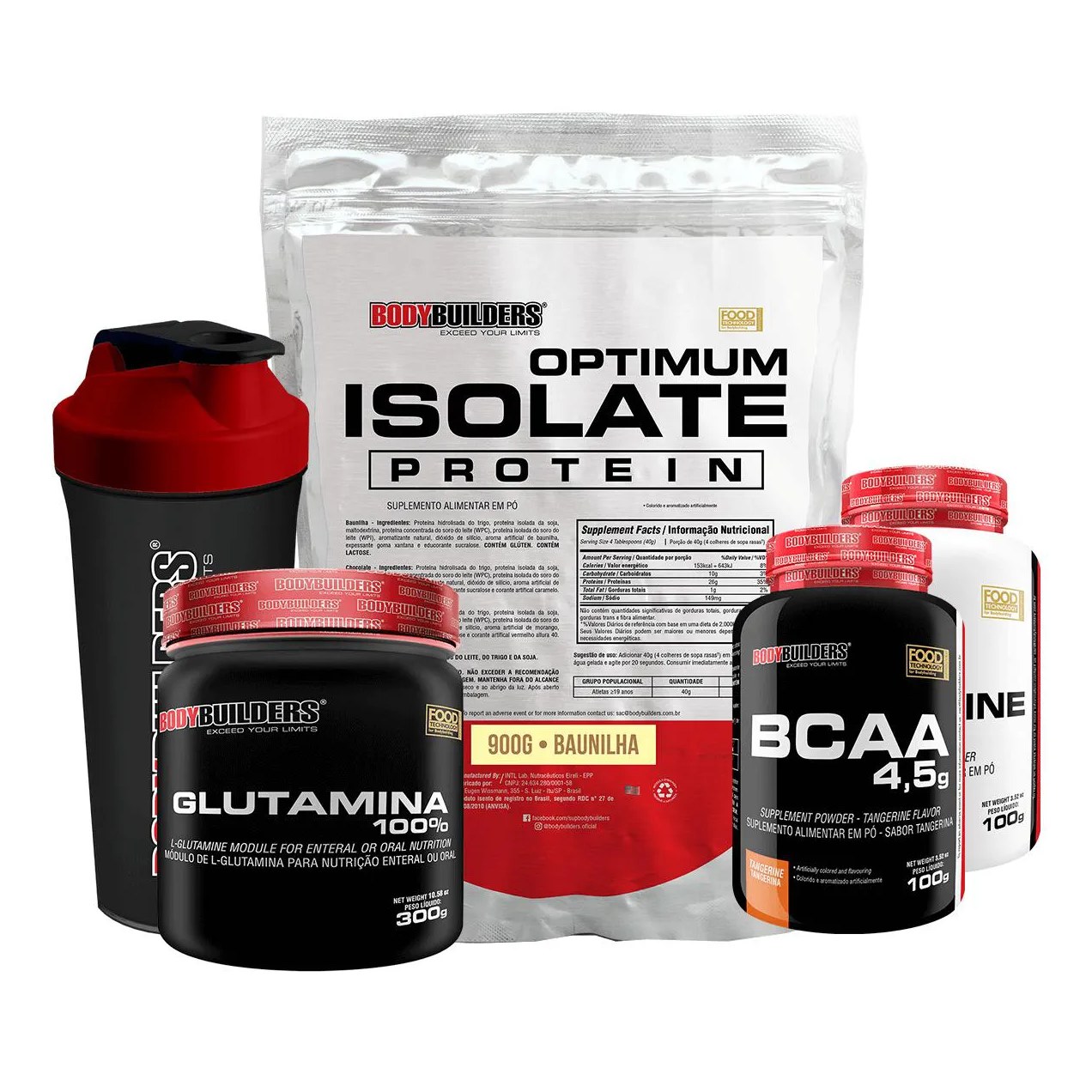Kit Optimum Isolate Whey Protein 900g +bcaa 100g +creatina 100g +glutamina 300g + Coqueteleira Sabor Baunilha - Bodybuilders
