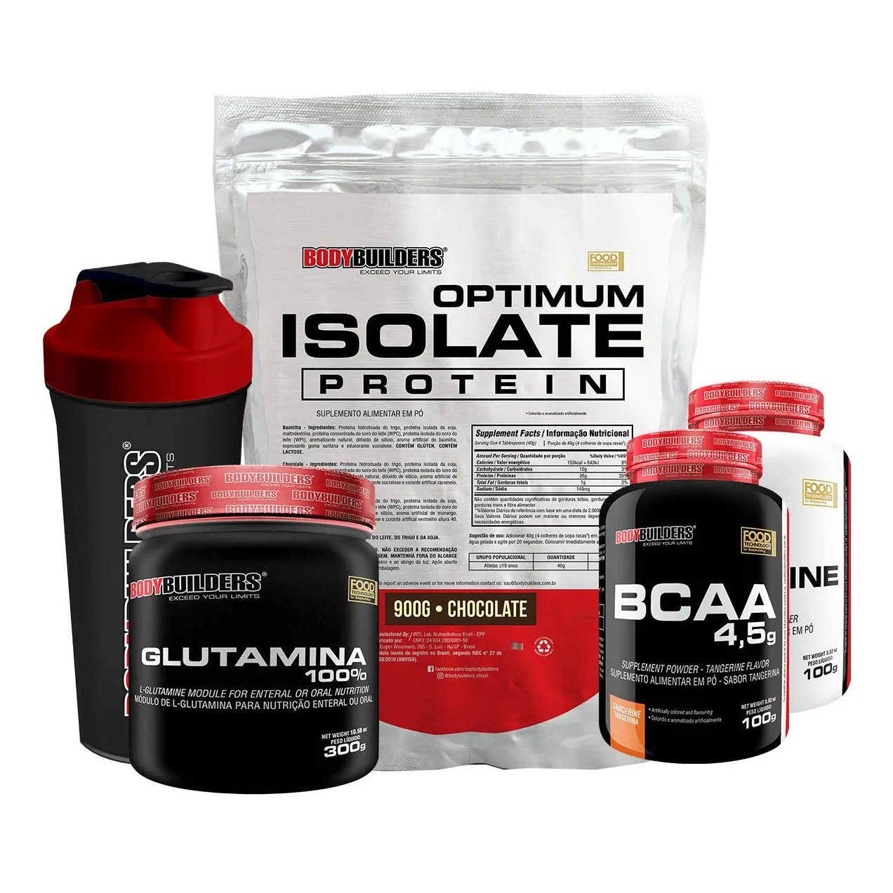 Kit Optimum Isolate Whey Protein 900g +bcaa 100g +creatina 100g +glutamina 300g + Coqueteleira Sabor Chocolate - Bodybuilders